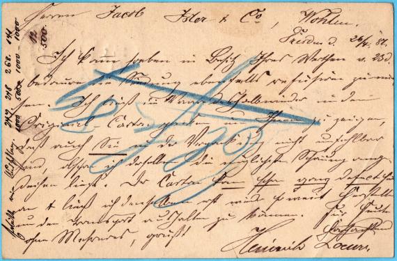 Postkarte - Heinrich Loewi Postkarte geschäftlicher Art von " Heinrich Loewi, Dresden " - versandt am 26. April 1881 - Kartenrückseite