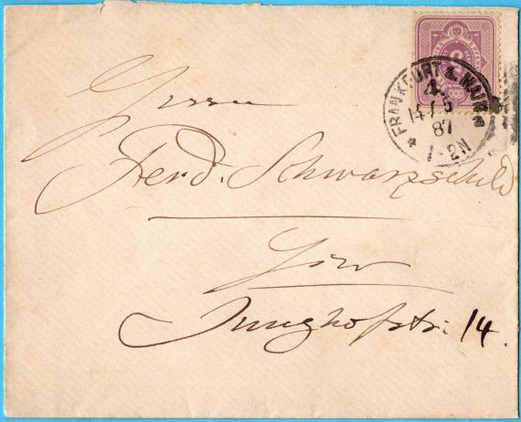 Briefumschlag - Ferdinand Schwarzschild Envelope to Mr. " Ferd. Schwarzschild, Junghofstr. 14 " - sent on May 14, 1887