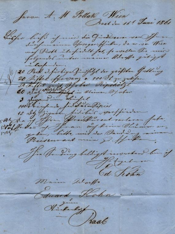 Briefumschlag - A. M. Pollak Letter of a business nature to " Mr. A. M. Pollak, ignition goods manufacturer, Vienna "- sent on June 17, 1861 - contents of the letter ( order)