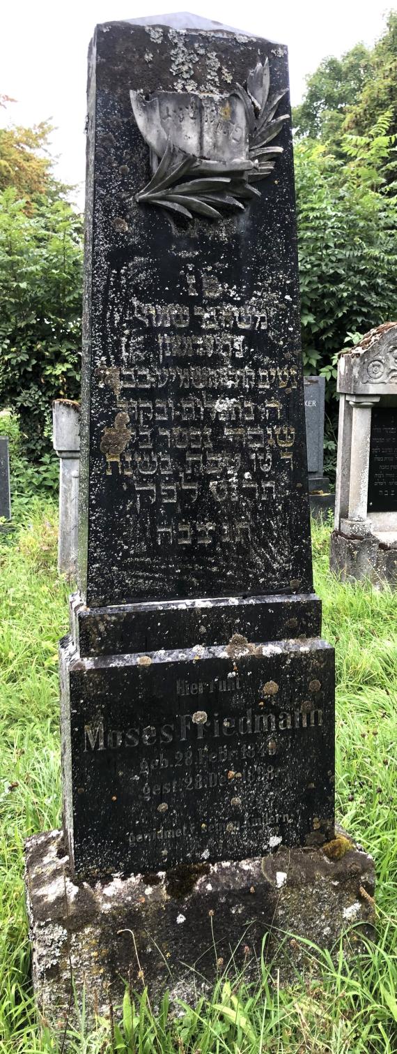 Jewish cemetery Crailsheim - Gravestone Moses Friedmann - Palm branch with shofar and book