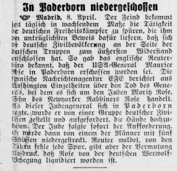 Zeitungsnotiz zum Tod von "Judengeneral" Maurice Rose