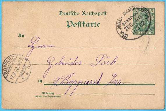 Postkarte - Gebrüder Loeb Postkarte geschäftlicher Art an Herrn " Gebrüder Loeb, Boppard / Rhein " - versandt am 17. Februar 1902