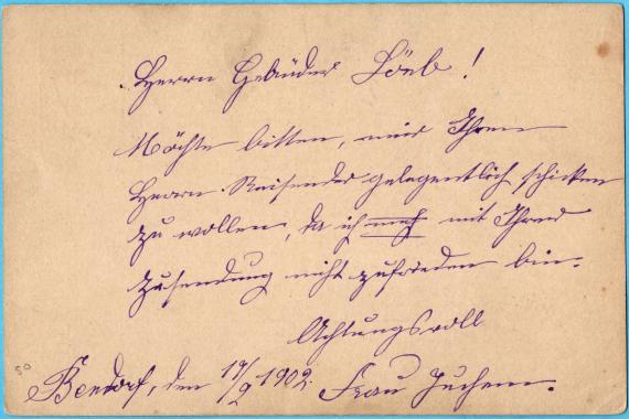Postkarte - Gebrüder Loeb Postkarte geschäftlicher Art an Herrn " Gebrüder Loeb, Boppard / Rhein " - versandt am 17. Februar 1902 - Kartenrückseite