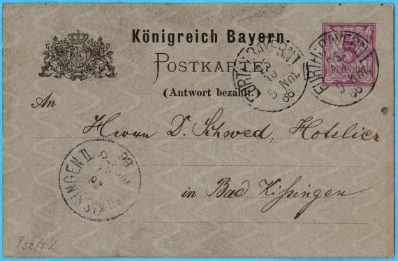 Postcard from " Joseph Levi, Fürth, Königsplatz 1 " to Mr. " D. Schwed, hotelier in Bad Kissingen " - sent on October 25, 1886