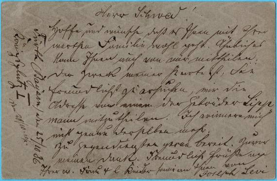 Postkarte an " Herrn D. Schwed, Hotelier " in Bad Kissingen - versandt am 25. Oktober 1886 von Joseph Levi aus Fürth  - Kartenrückseite