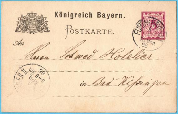 Postcard from " Joseph Levi, Fürth " to Mr. " Schwed, hotelier in Bad Kissingen " - sent on April 9, 1886 from Fürth to Bad Kissingen