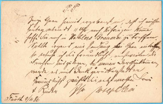 Postcard from " Joseph Levi, Fürth " to Mr. " Schwed, hotelier in Bad Kissingen " - sent on April 9, 1886 from Fürth to Bad Kissingen - back of card