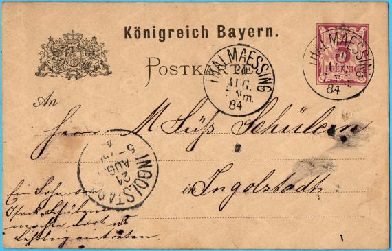 Postcard of a business nature to " Mr. M. Süß Schülein, Ingoldstadt " - sent on August 26, 1884 from Thalmaessing