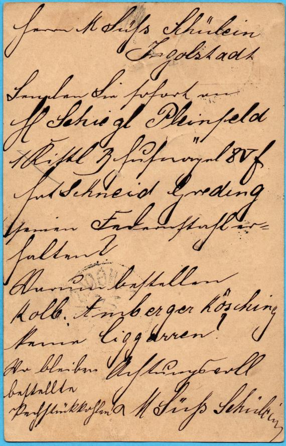 Postcard of a business nature to " Mr. M. Süß Schülein, Ingoldstadt " - sent on August 26, 1884 from Thalmaessing - back of card