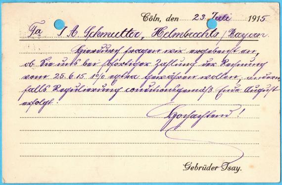 Postcard from " Gebrüder Isay, Köln " - sent on July 23, 1915 - back of card