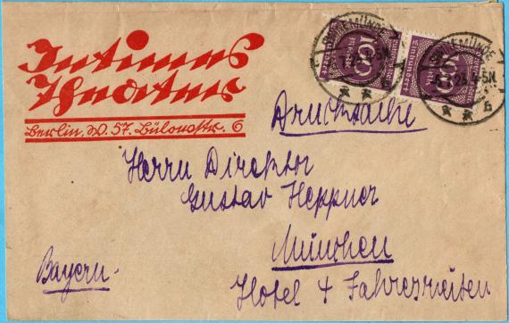 Briefumschlag  -  " Intimes Theater, Berlin, W.57, Bülowstr.6 " - versandt am 6. Juli 1923 