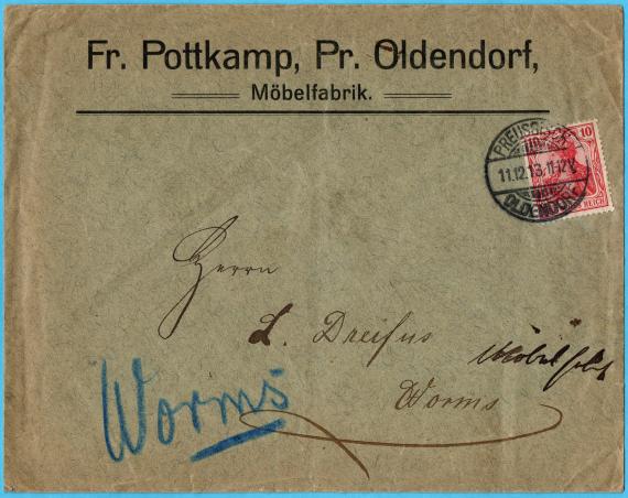 Envelope to Mr. " L. Dreifus, Worms " - sent on December 11, 1913