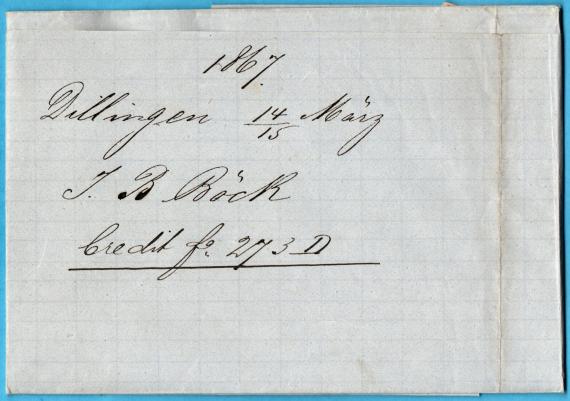 Briefumschlag - adressiert an " Herrn A. Lehmann, München " - versandt am 15. März 1867  - Inseitige Absenderadresse