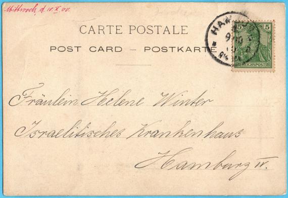 Postkarte  privater Art an " Frl. Helene Winter, Israelitisches Krankenhaus, Hamburg IV. "  -  versandt am 9. Oktober 1900