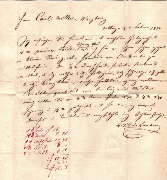Geschäftsbrief - A. J. Frohmann Business letter from " A. J. Frohmann, Oettingen " - sent on February 8, 1852 - letter - inside text