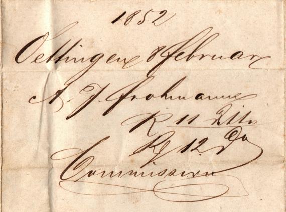 Geschäftsbrief - A. J. Frohmann Business letter from " A. J. Frohmann, Oettingen " - sent on February 8, 1852 - clipping - sender's address