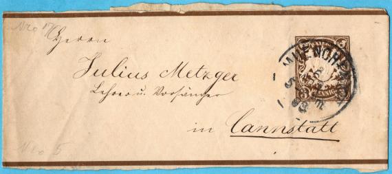 Streifband ( verwendet zum Zeitungsversand) an " Herrn Julius Metzger, Lehrer und Vorsänger in Cannstatt " - versandt am 6. April 1893 von München