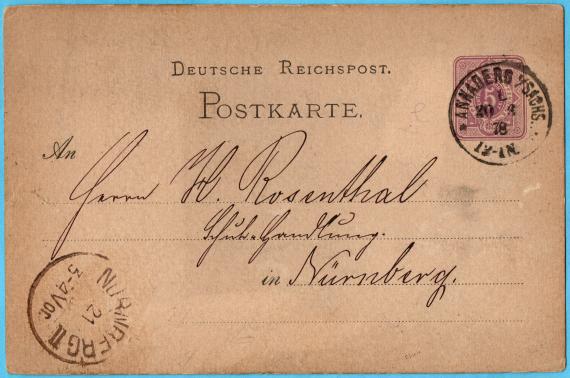 Postkarte - Heinrich Rosenthal Postkarte geschäftlicher Art an Herrn " H. Rosenthal, Schuhhandlung " in Nürnberg, - versandt am 20. Juni 1878