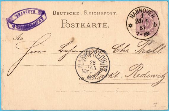 Postkarte - S. H. Oppenheimer jr. Postkarte geschäftlicher Art von " S. H. Oppenheimer jr., Hannover " - versandt am 24. Januar 1887
