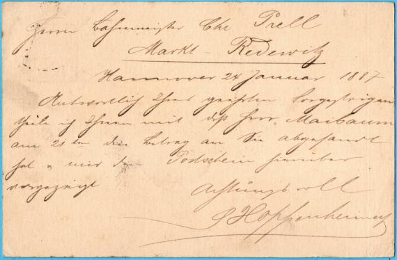 Postkarte - S. H. Oppenheimer jr. Postkarte geschäftlicher Art von " S. H. Oppenheimer jr., Hannover " - versandt am 24. Januar 1887 - Kartenrückseite