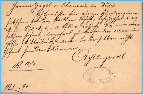 Postkarte - Anton Lederer Postkarte geschäftlicher Art von " Anton Lederer, Bamberg " - versandt am 11. Januar 1890 - Kartenrückseite