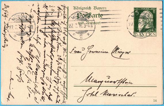 Postkarte  -  Hermine Ellinger Postkarte privater Art an Frau " Hermine Ellinger ", Marquartstein, Hotel Marienbad  -  versandt von " Max Ellinger " am 27. Juli 1916