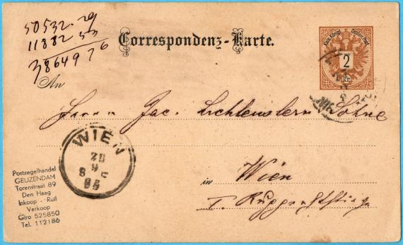 Correspondenz-Karte Correspondenz-Karte an Herrn " Jac. Lichtenstern & Söhne " in Wien,  - versandt am 27. September 1885