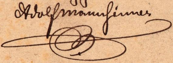 Postkarte  -  Adolf Mannheimer Postkarte geschäftlicher Art - " Daniel Guggenheim und Adolf Mannheimer aus Worms" - versandt am 30. August 1874  -  Ausschnittvergrößerung - Unterschrift Adolf Mannheimer