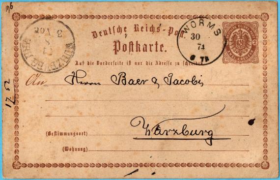 Postkarte - Daniel Guggenheim Postkarte geschäftlicher Art von " Daniel Guggenheim und Adolf Mannheimer " in Worms - versandt am 30. August 1874 nach Würzburg