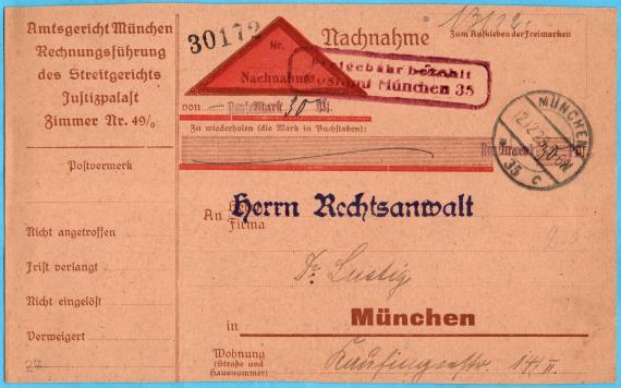 Nachnahme-Karte an Herrn " Rechtsanwalt Dr. Lustig " in München, Kaufingerstraße 14  -  versandt am 12. Dezember 1923