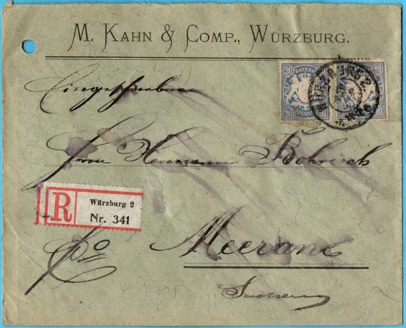 Geschäfts-Briefumschlag " M. Kahn & Comp., Würzburg " -  versandt am 24. April 1908