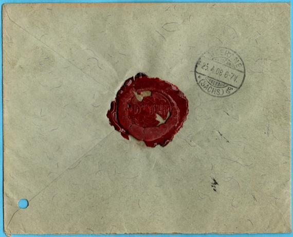Geschäfts-Briefumschlag " M. Kahn & Comp., Würzburg " -  versandt am 24. April 1908  -  Rückseite mit Wachssiegel