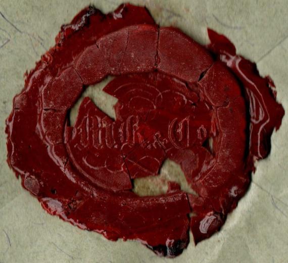 Geschäfts-Briefumschlag " M. Kahn & Comp., Würzburg " -  versandt am 24. April 1908  -  Ausschnittvergrößerung Wachssiegel - M.K.&Co.