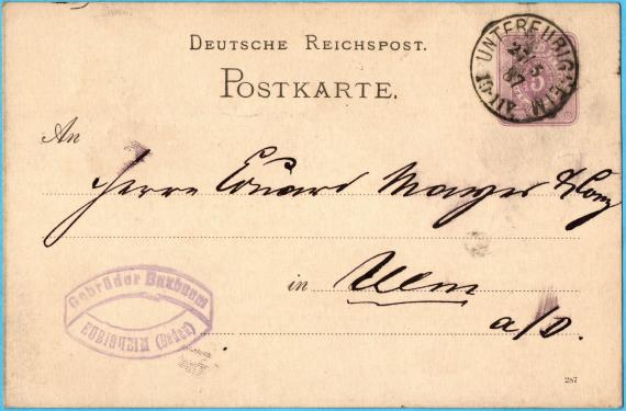 Postkarte  -  Gebrüder Buxbaum Postkarte geschäftlicher Art " Gebrüder Buxbaum, Eubigheim " - versandt am 27. Mai 1887