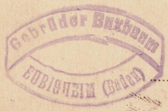 Postkarte  -  Gebrüder Buxbaum Postkarte geschäftlicher Art " Gebrüder Buxbaum, Eubigheim " - versandt am 27. Mai 1887  -  Ausschnittvergrößerung Firmenstempel