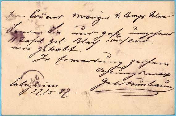 Postkarte  -  Gebrüder Buxbaum Postkarte geschäftlicher Art " Gebrüder Buxbaum, Eubigheim " - versandt am 27. Mai 1887  -  Kartenrückseite