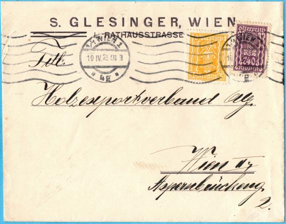 Envelope " S. Glesinger, Vienna, Rathausstrasse 7 " - sent on April 10, 1923