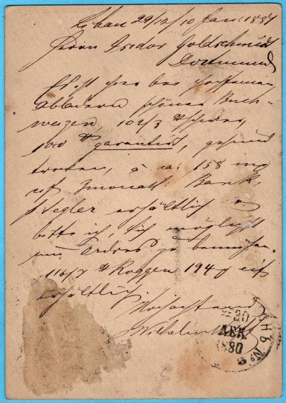 Postcard of a business nature to Mr. " Isidor Goldschmidt, Dortmund " - sent on December 29, 1880 by Wilhelm Wolf in Libau - back of card