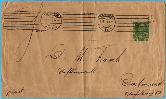 Envelope to " Dr. M. Frank, lawyer ", Dortmund, Ostenhellweg 50 - sent on 17 January 1912 from Salzburg / Austria