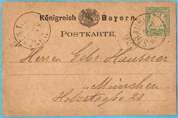 Postkarte geschäftlicher Art an Herren " Gebr. Hausner, München, Holzstraße 23 " - versandt am 8. September 1878  -  Absender " Bernhard Hausner "