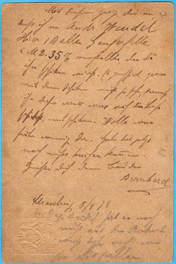 Postkarte geschäftlicher Art an Herren " Gebr. Hausner, München, Holzstraße 23 " - versandt am 8. September 1878  -  Absender " Bernhard Hausner "  -  Kartenrückseite