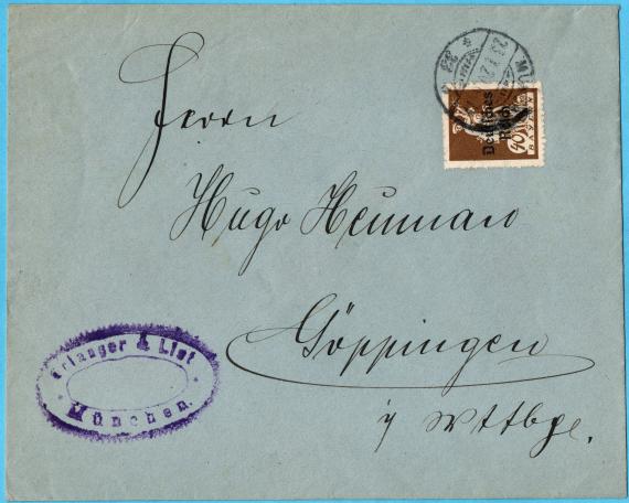 Briefumschlag " Erlanger & List, München " - versandt am 23. Juli 1920  an Herrn " Hugo Heumann, Göppingen ".