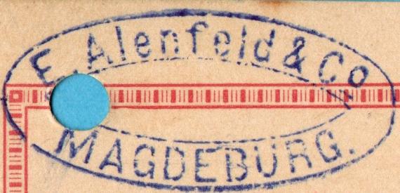 Postkarte geschäftlicher Art von " E. Alenfeld & Co. Magdeburg " - versandt am 18. September 1893 an die Wasa Aktie Bank in Wasa, Finland  -  Ausschnittvergrößerung Firmenstempel