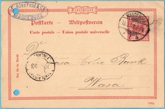 Postkarte geschäftlicher Art von " E. Alenfeld & Co. Magdeburg " - versandt am 18. September 1893 an die Wasa Aktie Bank in Wasa, Finland  