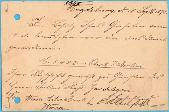 Postkarte geschäftlicher Art von " E. Alenfeld & Co. Magdeburg " - versandt am 18. September 1893 an die Wasa Aktie Bank in Wasa, Finland  -  Kartenrückseite