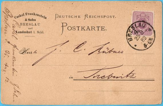 Postkarte geschäftlicher Art von " Caskel Frankenstein & Sohn, Breslau und Landeshut i. Schl. " -  versandt am 25. August 1882  