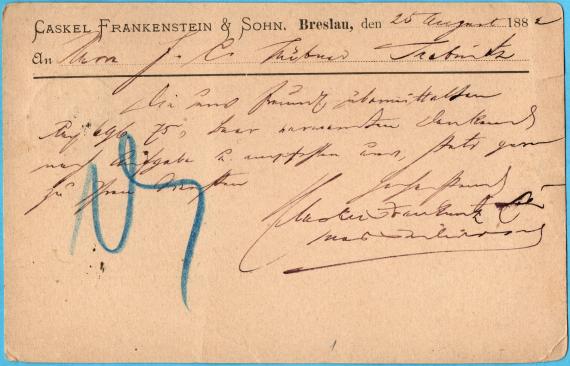 Postkarte geschäftlicher Art von " Caskel Frankenstein & Sohn, Breslau und Landeshut i. Schl. " -  versandt am 25. August 1882  -  Kartenrückseite