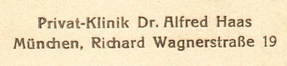 Historische Ansichtskarte München -  Privat- Klinik Dr. Alfred Haas  -  versandt am 11. Oktober 1912  -  Ausschnittvergrößerung Klinik-Adresse