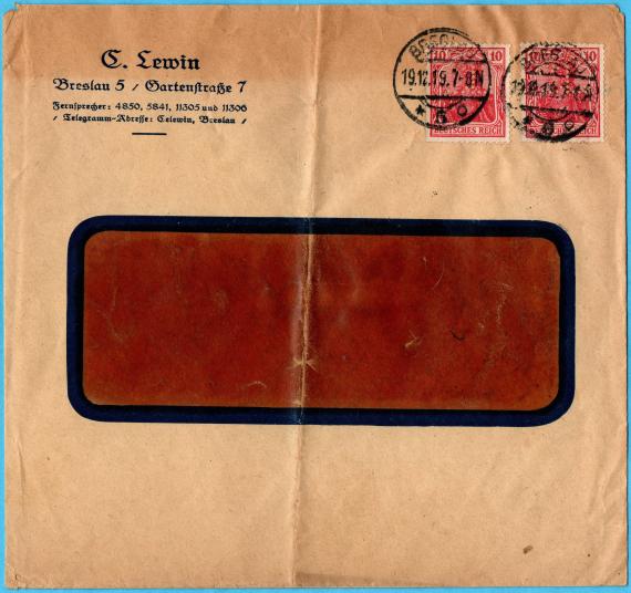 Business envelope " C. Lewin, Breslau 5, Gartenstr.7 " - sent on December 19, 1919