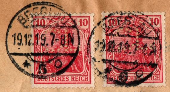 Business envelope " C. Lewin, Breslau 5, Gartenstr.7 " - mailed on December 19, 1919 - stamp perfin " C L "